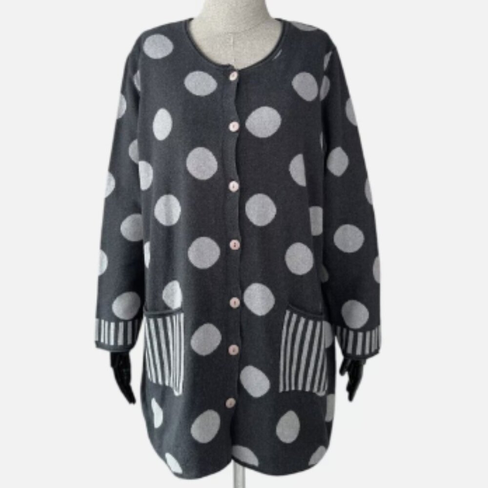 Gudrun Sjoden Long Cardigan Gray White Button Polka Dot